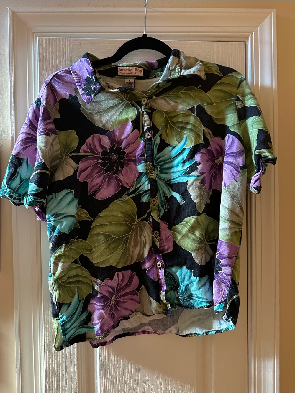 Women's Black Floral Button-Up Blouse - Purple & Teal